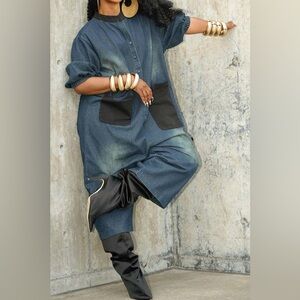 Oversized Denim Jumpsuit with Black Pockets